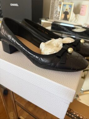 Dior Black Quilted Cannage Ballet Flats with Bow & Gold Tone Button